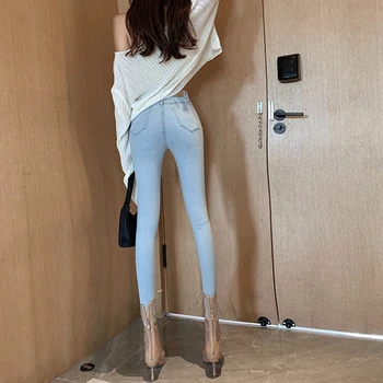 Femei Stil de Moda de Înaltă Talie Subțire Slim Denim Stretch Pantaloni Picioare Pantaloni Albastru