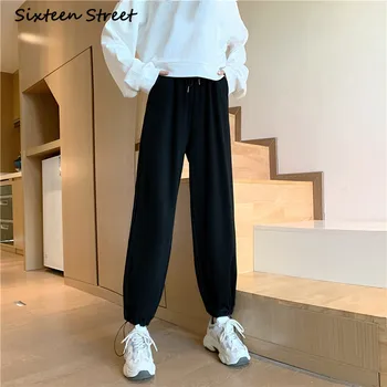 Streetwear Femei Estetice Pantaloni Negri de Trening Largi Casual, Talie Mare Moda coreeană Harajuku Pantaloni de Bumbac Cordon Y2K