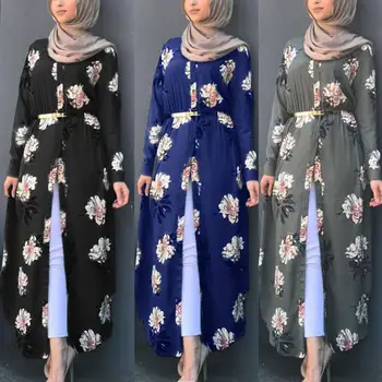 Femeile Musulmane Abaya Cămașă Rochie Haine Maxi Florale Imprimate Islamic Dubai Petrecere Maneca Lunga Fantă Rochie Arabe Jilbab-Ul Rochie
