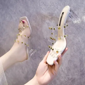 2020 Nit Sandale cu tocuri de 7cm Pantofi Femei Slide Sandale cu Toc Papuci de Moda Pantofi Outwear