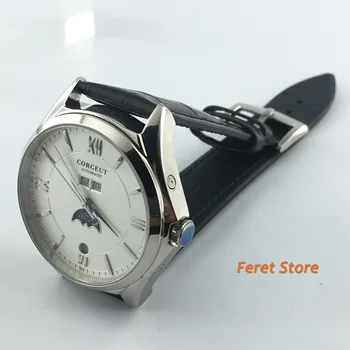 Noi Corgeut 41MM fazele Lunii ceas cadran alb, carcasa din otel Inoxidabil piele automat mechanical ceas