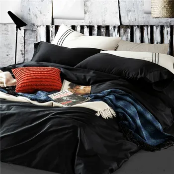 4 buc Bumbac 60 satin tesatura lung discontinue bumbac egiptean set de lenjerie de pat Negru carpetă acopere lenjeria de pat de culoare solidă lenjerie de pat