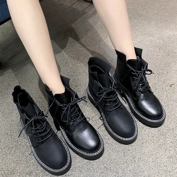 Plus Dimensiune Negru Solid Cizme Din Piele Turma Glezna Cizme Pentru Femei Pantofi Pentru Femeie Dantelă Sus Cizme Toamna Iarna Cusut Platforma Doamnelor Cizme