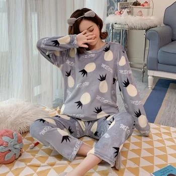 Desene animate Set de Pijama Femei Calde de Toamna Iarna Gros Pijamale Mujer Flanel Haine de Acasă Sleepwear 2Piece/Set Pijama Set Pijamale
