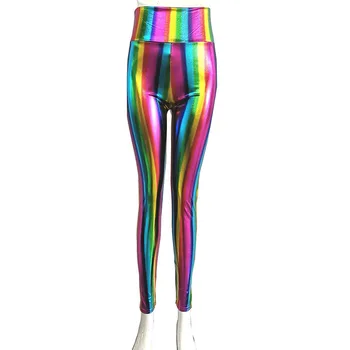 Doamna Dans Rock Disco Pantaloni Femei De Strada De Mare Rainbow Stripe Jambiere Neon Fals Înaltă Talie Pantaloni Skinny Din Piele