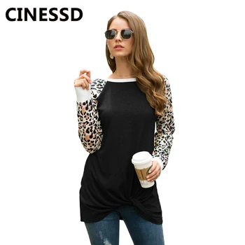 CINESSD Leopard de Imprimare Bluza Femei Neagra O de Gât Maneca Lunga Pulover Casual Topuri Înnodate Tunica Liber 2019 Toamnă Moale Tricouri