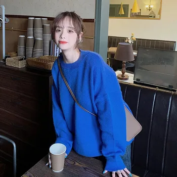 Vânt leneș Pulover Femei Toamna Și Iarna 2020 Nou coreean Liber Albastru de Moda Haina cu Maneci Lungi Pulover