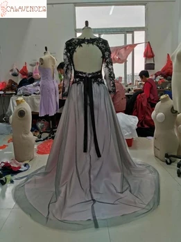 Imagini reale cu Maneci Lungi Ombre Alb și Negru Rochie de Mireasa Rochii de Mireasa Simplu Aplici Gotic Rochii de Mireasa robe de mariee