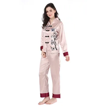 Plus Dimensiune Șampanie Pijamale Costum Homewear Femei Stil Chinezesc Toamna Broderie 2 BUC Somn Set Pijamale Casual Îmbrăcăminte Acasă