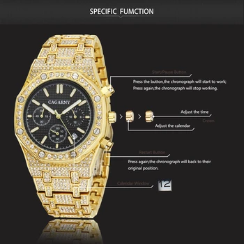 Brand de Top Bărbați Cuarț Ceas Cronograf de Lux de Moda Hip Hop Ceas cu Diamante Pentru Bărbați Impermeabil Albastru Oțel Ceas Relojes Hombre
