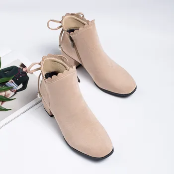 YQBTDL Negru Piele Bej Moda de Iarnă Pantofi 2020 Femei Pantofi Tocuri Indesata Papion Volane Deschidere Glezna Cizme pentru Femei Papuceii