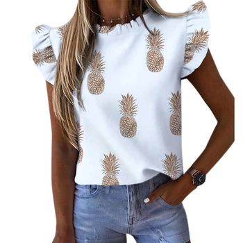 Femei Casual Ananas Imprimare Tee Shirt Alb Cutată Gât Flutter Sleeve Print Topuri de Vara Boem Nouă Rundă Guler T-shirt