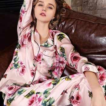 Real Pijama de Mătase de sex Feminin Primavara Toamna Viermilor de Matase cu Maneci Lungi din Două Piese Romantice de Trandafiri de MĂTASE Femeii Sleepwear Vara T8189