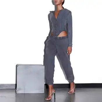 Casual Solide Două Seturi De Piese 2020 Toamna Streetwear Fermoar Glugă Topuri+Buzunare Pantaloni Costume De Fitness Feminin Potrivire Outfi