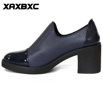 XAXBXC Stil Britanic Retro din Piele Pantofi Oxfords Tocuri inalte Femei Pantofi Albastru Superficial Toc Gros Handmade Casual Pantofi de damă