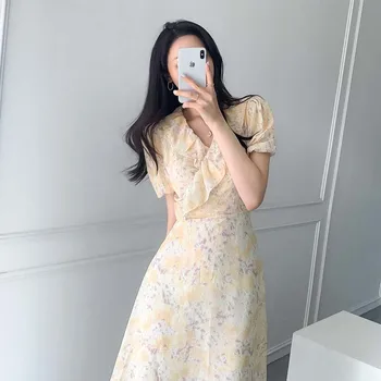 Stil Coreean Vara Femei Șifon Rochie Sexy, Drăguț V Gât Roz Caise Florale Puff Maneca Rochie Eleganta Petrecere Dulce Vestidos 2020