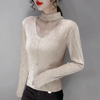 Versiunea Coreeană Japoneză T-Shirt Primavara Noua Moda Temperament Fierbinte Foraj Gol Maneca Lunga Guler Înalt De Bază