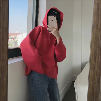 Toamna și Iarna de Culoare Solidă Scurte Pulover cu Gluga pentru Femei de Moda coreeană Cordon Gluga cu mâneci Lungi Pierde Red Top Top la Modă