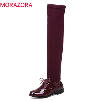MORAZORA 2020 noua moda coapsă ridicat peste genunchi cizme femei cu fermoar cu dantelă sus cizme toc patrat punk pantofi casual