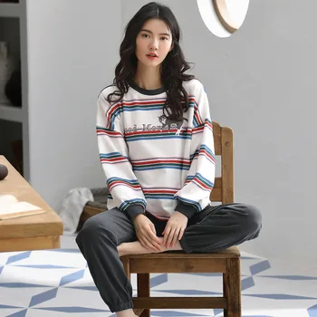 Toamna Bumbac, Pijamale Femei Set Pijama Cu Dungi De Imprimare Gât Rotund Pijamale Confort Agrement Homewear Îmbrăcăminte De Noapte De Moda Coreeană
