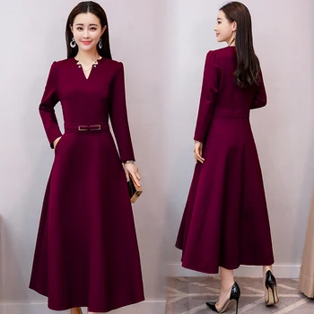 Femei Vintage V-guler rochie lungă Nou Elegant culoare solidă 3Long maneca petrecere vestidos Casual de Primavara Toamna Iarna rochie B822