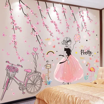 Fată de desene animate Autocolante de Perete DIY Flori de Piersic Biciclete Murală Decalcomanii pentru Copii, Camere Copii Dormitor Decorare Casa