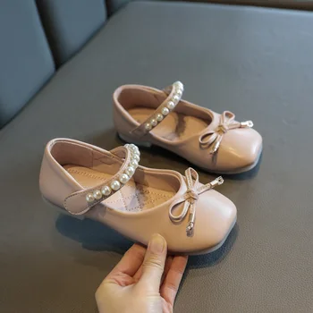 2021 Primăvară Fete Pantofi de Piele de Brand Nou Copii Pantofi Rochie Printesa Perle, ștrasuri din Mărgele cu Papion Copii Pantofi de Partid Superficial Nunta