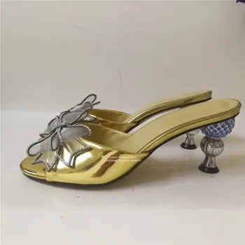 Vara Dantela Fundita Papuci Femei Peep Toe Slim Superficial Pantofi de Partid Ciudat Mingea cu Toc de Cristal Decor Femei Papuci 35-42