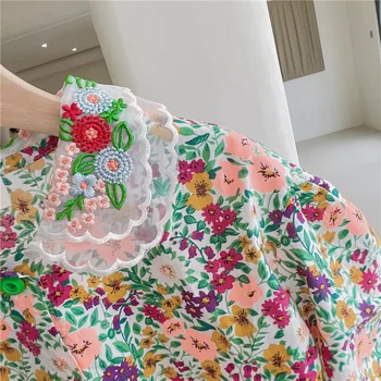 Stil coreean Primavara 2021 fete mici broderii florale plasă de guler tricouri copil retro camasa cu maneca lunga, haine