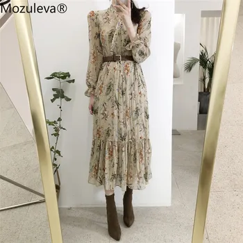 Mozuleva 2020 Elegant V-neck Femei Florale Imprimate Rochie Flare Sleeve O-linie Femei Șifon Rochie Vintage Femei Midi Vestidos