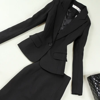 Femei din două piese costume de toamnă și de iarnă noua moda negru slim simplu OL scule mici costum sacou + fusta costum