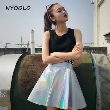 NYOOLO 2018 Vară stil Harajuku talie Mare Laser fuste streetwear rochie de bal Pu Fusta mini femei Tutu Echipa de Dans Costum