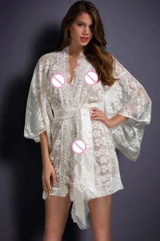 Pur Negru Dantelă Transparentă Kimono-Halat Intima, Pijamale Halat Rochie De Noapte Femei Lenjerie Sexy Pijama, Cămașă De Noapte 21998