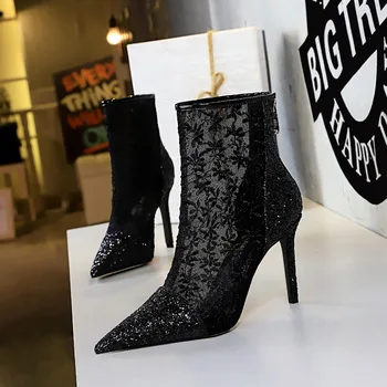 De lux dantelă Glezna Cizme pentru Femei sclipici bling Subliniat Toe pantofi sexy zip Tocuri inalte cizme negru alb plasă de Zapatos De Mujer