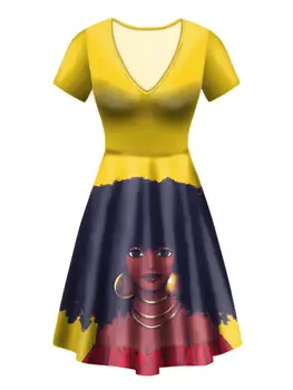 WHEREISART Rochii Elegante Femei 2020 Vintage Negru African Imprimă O Linie Rochie de Petrecere de Vară Short Sleeve V-neck Rochie Midi Halat